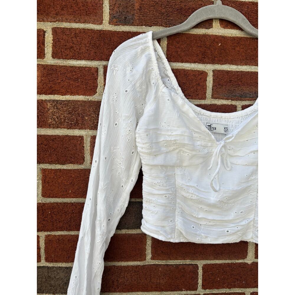 Hollister White Eyelet Crop Top Womens XS Long Sleeve Peasant Cottagecore Blouse - Picture 5 of 7